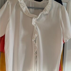 Women's White Ruffle-Front Short Sleeve Blouse